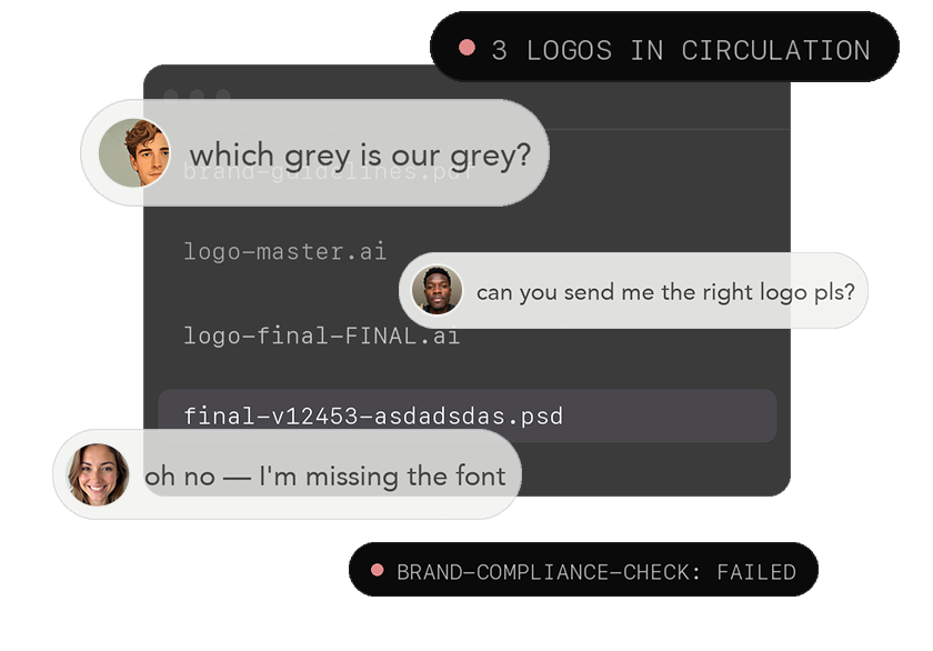 A brand drifting after launch: chat messages asking for the right logo, and a folder of files named final-v12453.